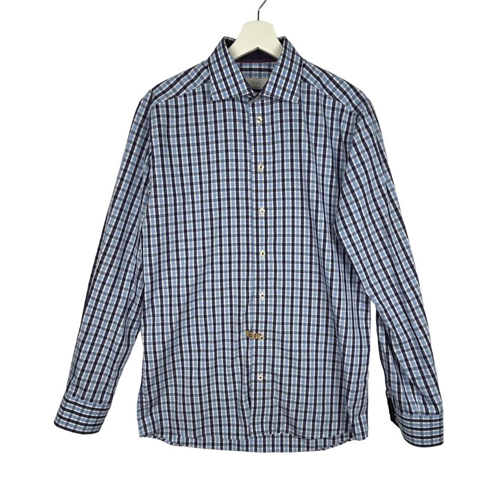 Eton Dress Shirt Mens M 15.75 Contemporary Fit Blue‎ Plaid Cotton